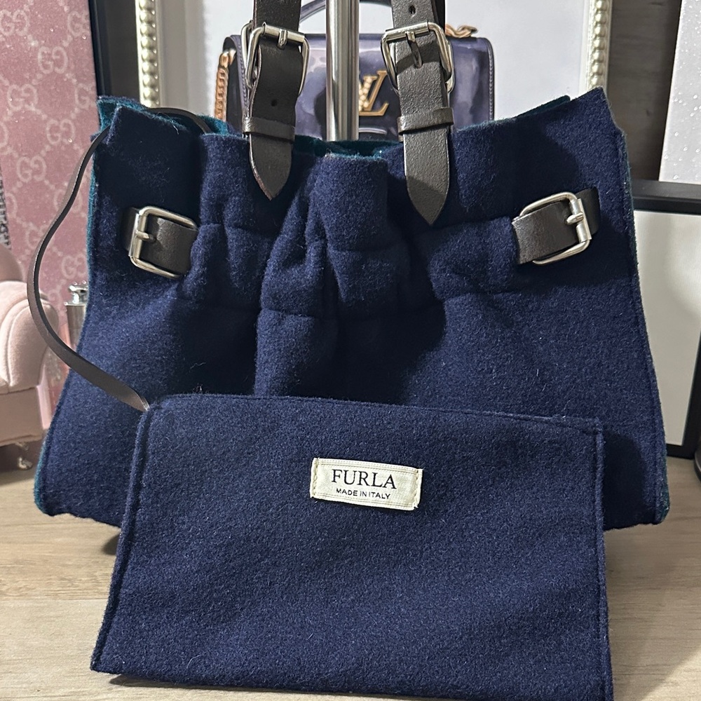 Rare Furla Navy Blue Mini Tote Bag with Contrasting Leather Straps